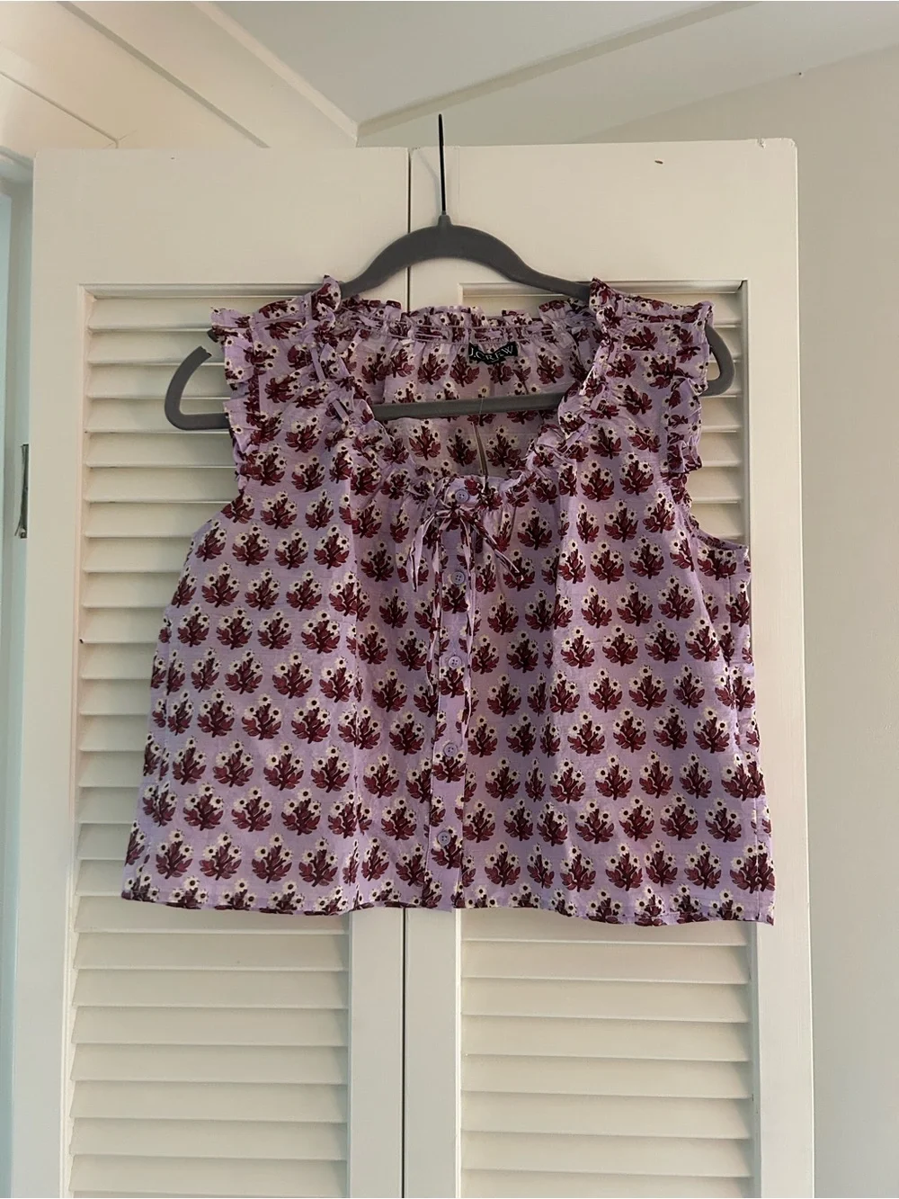 NWT J. Crew Ruffle-trim Button-up Top Block Print Sleeveless Lavender XS Bow